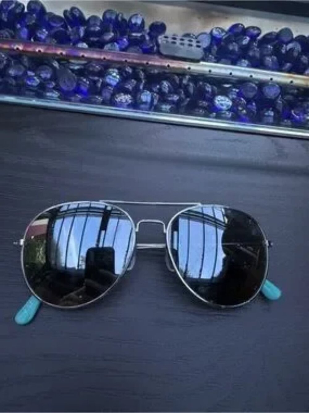 Aviator Sunglasses - Silver Frame with Black Lenses and Tiffany Blue Arms